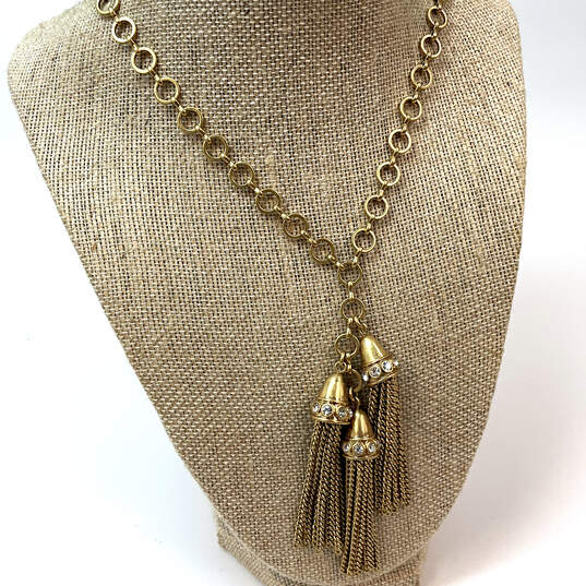 Designer J. Crew Gold-Tone Link Chain Rhinestone Tassel Pendant Necklace image number 1