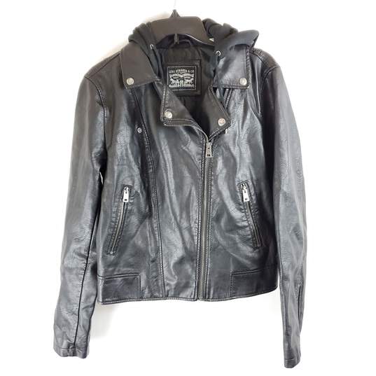 Buy the Levi's Women Black Leather Hoodie Jacket M | GoodwillFinds