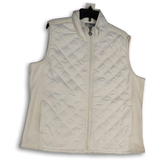 Womens White Sleeveless Mock Neck Pockets Full-Zip Quilted Vest Size 1X image number 1
