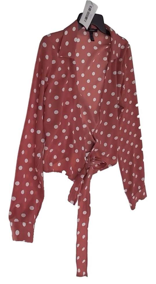 Womens Pink Polka Dot Collared Long Sleeve Knot Blouse Size Large image number 3