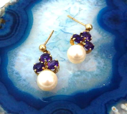10K Yellow Gold Amethyst Cluster & Pearl Dangle Earrings 3.0g image number 1