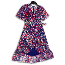 NWT Womens Blue Pink Floral Surplice Neck Hi-Low Hem Back Zip Wrap Dress Size 4