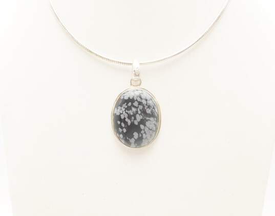 925 Snowflake Obsidian Pendant Necklace w/ Hoop Earrings 34.3g image number 2