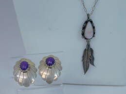 Southwestern 925 Mother Of Pearl Feather Dangle Necklace & Sugilite Concho Clip Earrings 13.0g