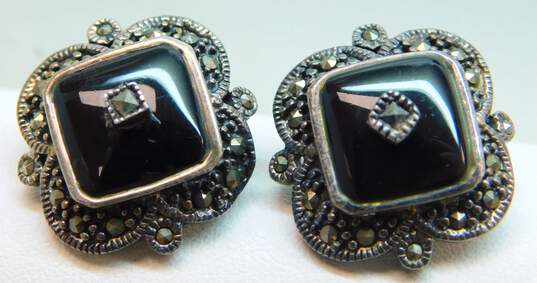 Sterling Silver Marcasite Faux Onyx Inlay Necklace Earrings & Dangle Earrings 22.5g image number 2