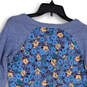 Womens Blue Floral Raglan Sleeve Henley Neck T-Shirt Size Small image number 4
