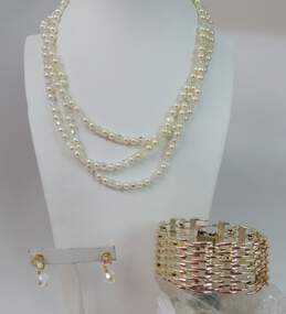 Vintage Faux Pearl & Aurora Borealis Necklace Clip On Earrings & Coro Wide Woven Gold Tone Bracelet 99.4g