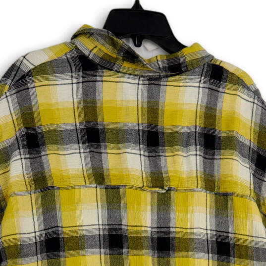 Womens Yellow Black Plaid Spread Collar 3/4 Sleeve Button-Up Shirt Size M/L image number 4