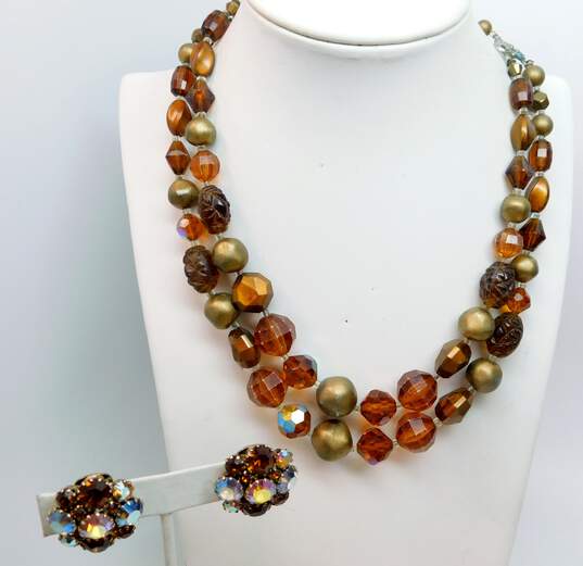 Vintage Laguna Brown & Amber Color Beaded Double Strand Necklace & Fashion Aurora Borealis Clip-On Earrings 63.1g image number 1