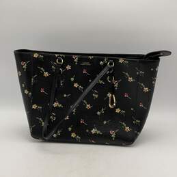 Womens Black Floral Saffiano Leather Inner Pockets Shopper Tote Bag