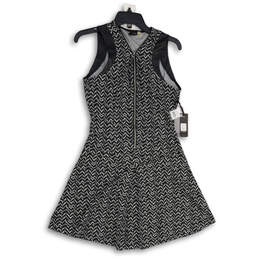 Womens Black White Chevron Sleeveless Front Zip A-Line Dress Size S/P