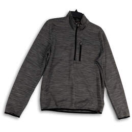 Mens Gray Black Striped 1/4 Zip Long Sleeve Pocket Athletic T-Shirt Size M