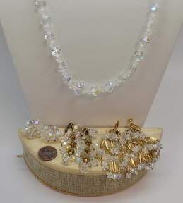 Vintage Silvertone & Goldtone Aurora Borealis Crystals Beaded Necklace & Flower Cluster & Beaded Tassels Drop Clip On Earrings 85.1g alternative image