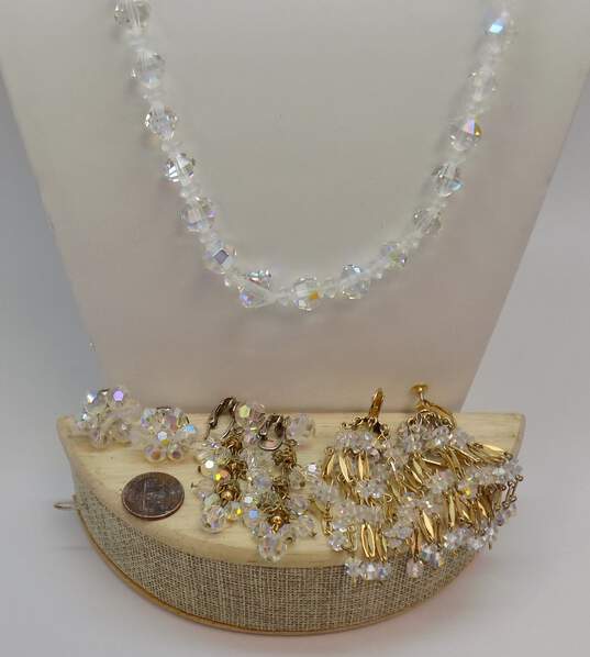 Vintage Silvertone & Goldtone Aurora Borealis Crystals Beaded Necklace & Flower Cluster & Beaded Tassels Drop Clip On Earrings 85.1g image number 2