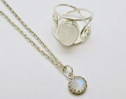Artisan Sterling Silver Moonstone Pendant Necklace & Swirl Ring 10.1g