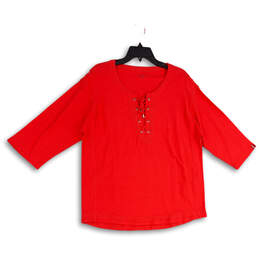 Womens Red Lace-Up Neck 3/4 Sleeve Pullover Blouse Top Size Large