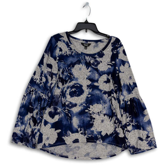 Womens Blue Floral Long Bell Sleeve Round Neck Tunic Top Size Medium image number 1