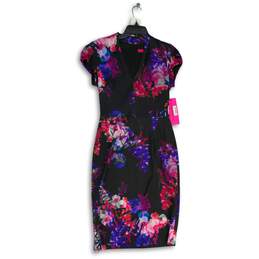NWT Betsey Johnson Womens Multicolor Floral V-Neck Back Zip Sheath Dress Size 6