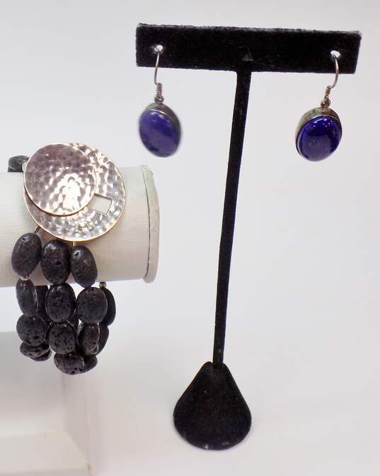 Artisan 925 Lapis Lazuli Cabochon Oval Drop Earrings & Hammered Discs Toggle Lava Rock Multi Strand Bracelet 57.2g image number 1