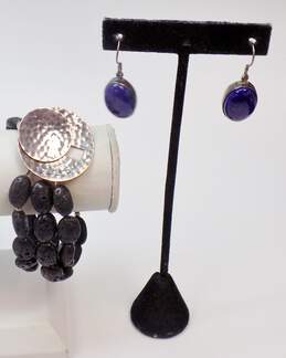 Artisan 925 Lapis Lazuli Cabochon Oval Drop Earrings & Hammered Discs Toggle Lava Rock Multi Strand Bracelet 57.2g