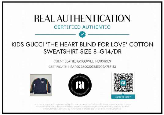 AUTHENTICATED KIDS GUCCI 'HEART BLIND FOR LOVE' SWEATSHIRT SZ 8 image number 2