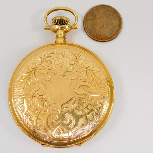 Antique 1911 Elgin 14K Gold 7 Jewels Etched Scroll Hunting Case Pocket Watch 85.9g image number 10