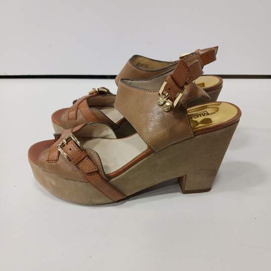 Michael Kors Women's Brown Leather Peep Toe Heeled Platform Sandals Size 8M image number 3
