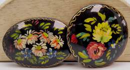 Vintage Black & Colorful Flowers Golden Accents Painted Circle & Oval Wood Brooches Variety 15.4g
