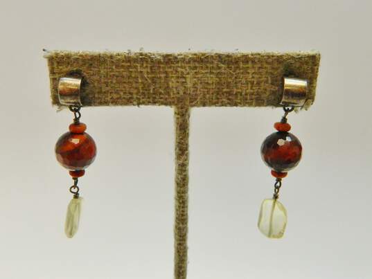 Rustic 925 Faceted Red Tigers Eye Coral & Citrine Beaded Drop Post Earrings & Rounded Cuff Bracelet 27.9g image number 3