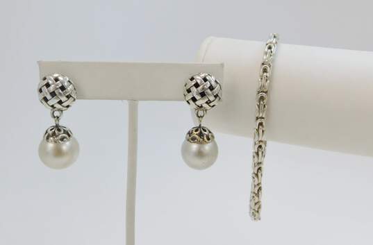 Contemporary 925 Diamond Accents Woven Pendant Necklace Lattice Dome Grey Faux Pearl Drop Post Earrings & Fancy Chain Bracelet 34.5g image number 3