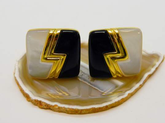 14K Yellow Gold Onyx Mother Of Pearl Square Omega Pierced Earrings 16.4g image number 1