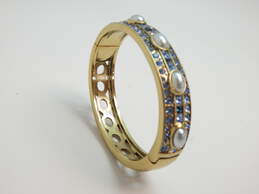Designer Heidi Daus Blue Crystal & Pearl Brass Tone Hinged Bangle Bracelet