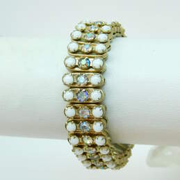 Vintage Gold Tone Aurora Borealis & Faux Pearl Mushroom Brooch w/ Bracelet & Earrings 44.1g alternative image