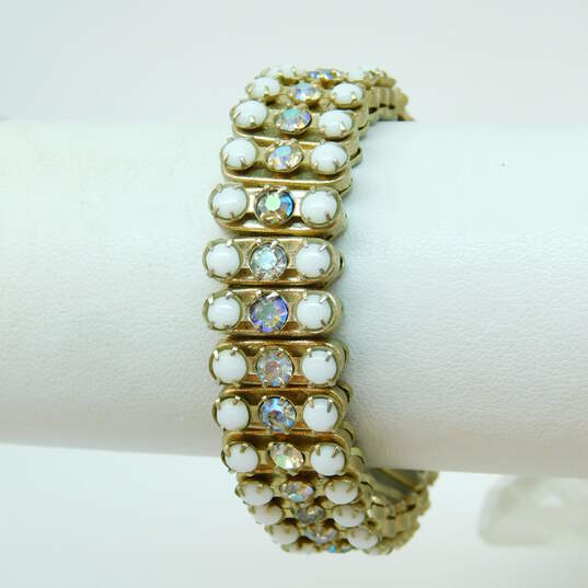 Vintage Gold Tone Aurora Borealis & Faux Pearl Mushroom Brooch w/ Bracelet & Earrings 44.1g image number 2