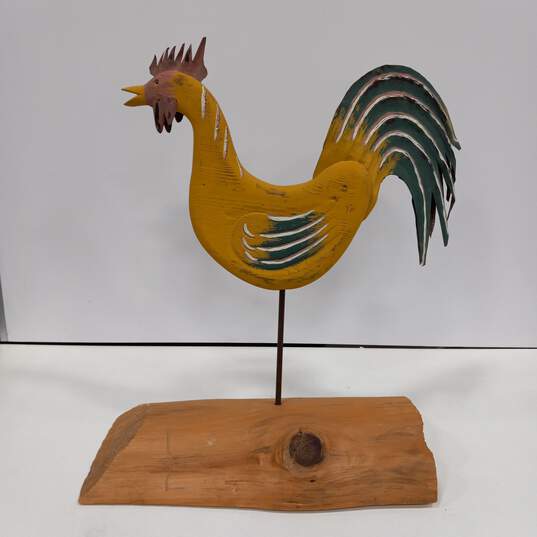 Hand Carved & Painted Wood & Metal Rooster on Wood Stump Yard Farmhouse Decor Folk Art image number 1