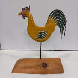 Hand Carved & Painted Wood & Metal Rooster on Wood Stump Yard Farmhouse Decor Folk Art
