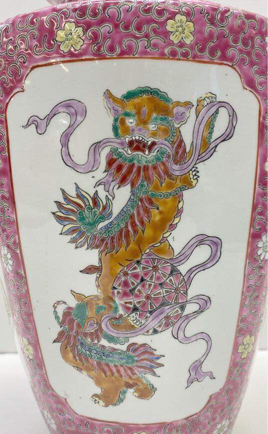 Oriental Table Vase Dragon / Foo Dog Motif 12in Tall Asian Pottery image number 2