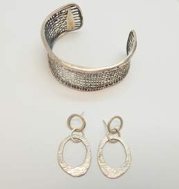 Silpada 925 Open Weave Cuff Bracelet & Hammered Earrings 29.7g