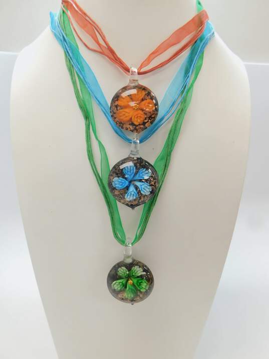 Artisan Blue Orange Green & Dichroic Glitter Art Glass Flower Pendants & Ribbon Necklaces Variety 107.6g image number 2
