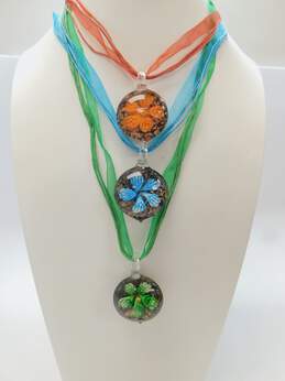 Artisan Blue Orange Green & Dichroic Glitter Art Glass Flower Pendants & Ribbon Necklaces Variety 107.6g alternative image