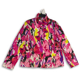 Womens Pink Yellow Floral Long Sleeve Sequin Full-Zip Jacket Size Large