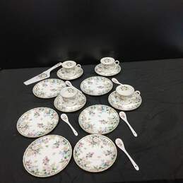 Vintage Bundle of Piece Exceed Bon Grand Berry Ceramic Plate Set w/4 Tea Cups, 5 Spoons and One Cake Serving Edge
