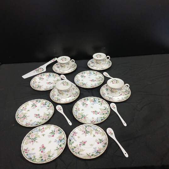 Vintage Bundle of Piece Exceed Bon Grand Berry Ceramic Plate Set w/4 Tea Cups, 5 Spoons and One Cake Serving Edge image number 1