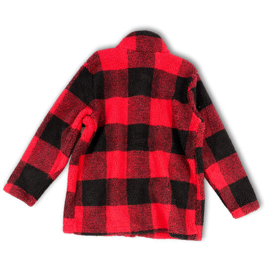 Womens Red Black Plaid Mock Neck Button Front Sherpa Jacket Size X-Large image number 2