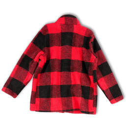 Womens Red Black Plaid Mock Neck Button Front Sherpa Jacket Size X-Large alternative image