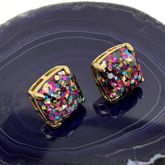 Designer Kate Spade Multicolor Glitter Gold-Tone Square Shape Stud Earring image number 2