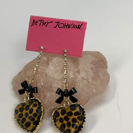 Designer Betsey Johnson Gold-Tone Leopard Crystal Heart Dangle Earrings