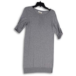 Womens Gray Round Neck Roll Tab Sleeve Knee Length Sweater Dress Size XS