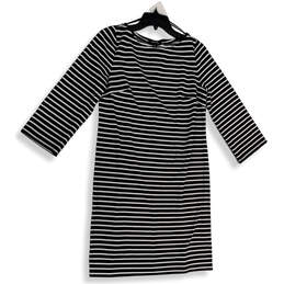 Womens Black White Striped 3/4 Sleeve Knee Length Pullover Shift Dress Sz M