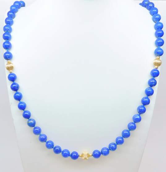 Vintage 14K Yellow Ridged Gold Lapis Bead Hand Knotted Endless Necklace 103.1g image number 3